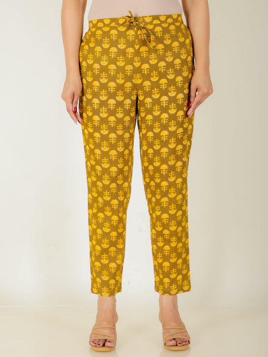Kantha Cotton Floral Yellow Tapered Trousers