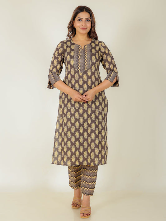 Soft Cotton Floral Straight Black Kurta
