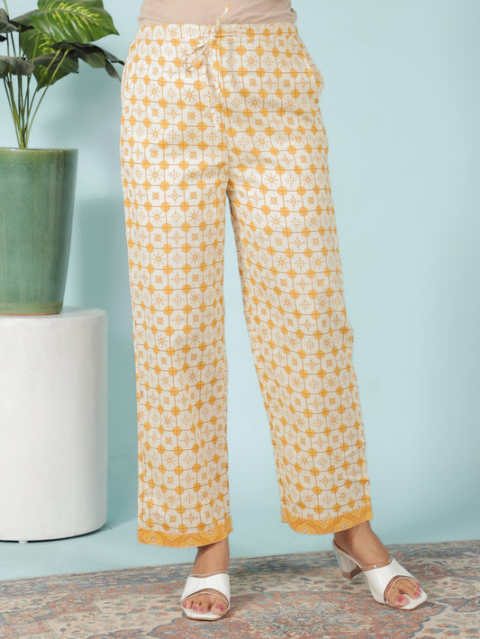Embroidered Soft Cotton Geometric Off-White Straight Trousers