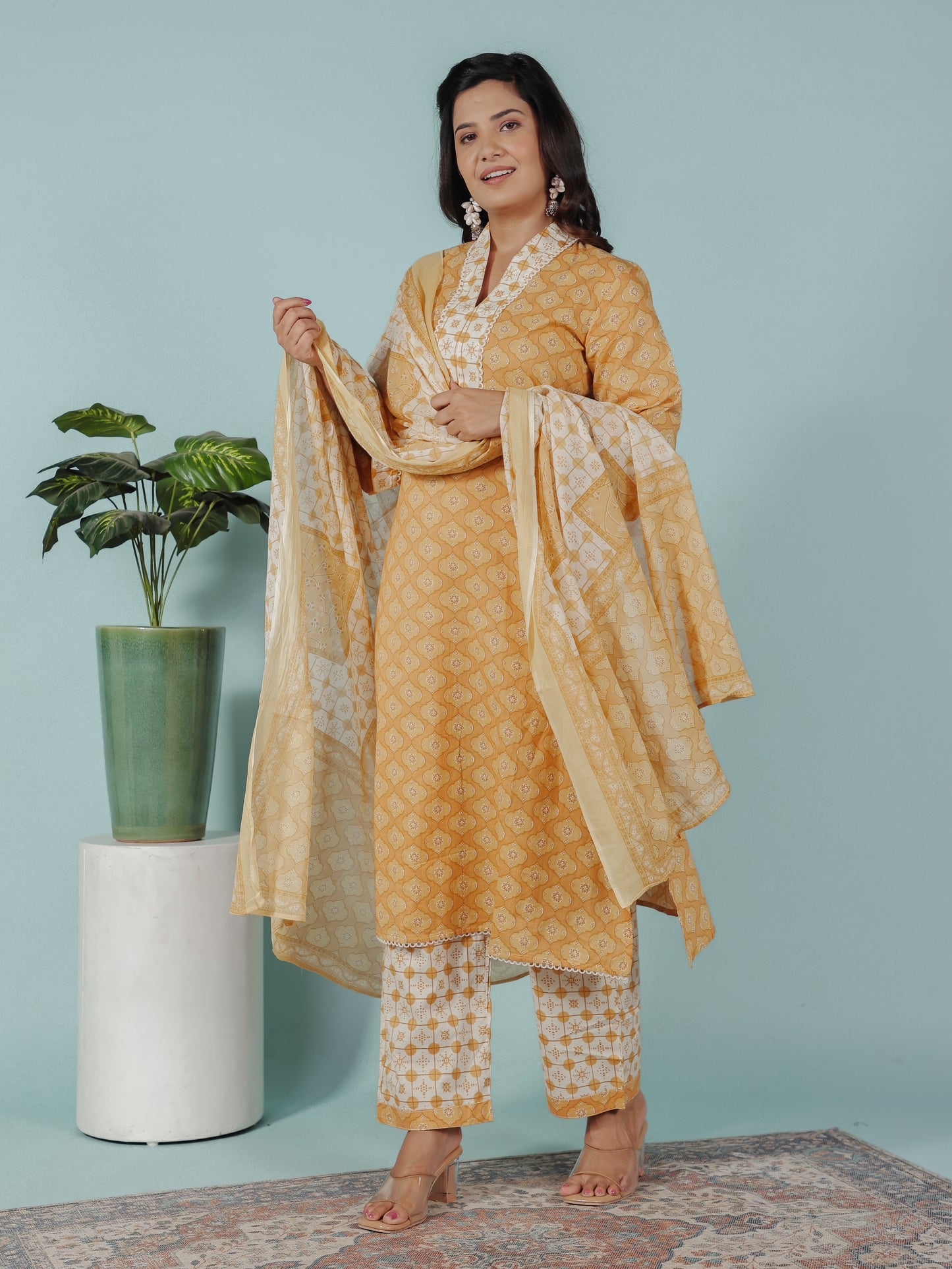 Voile Cotton Geometric Yellow Dupatta