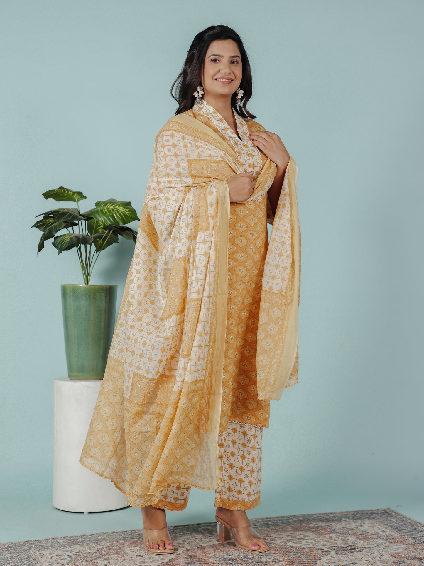 Voile Cotton Geometric Yellow Dupatta