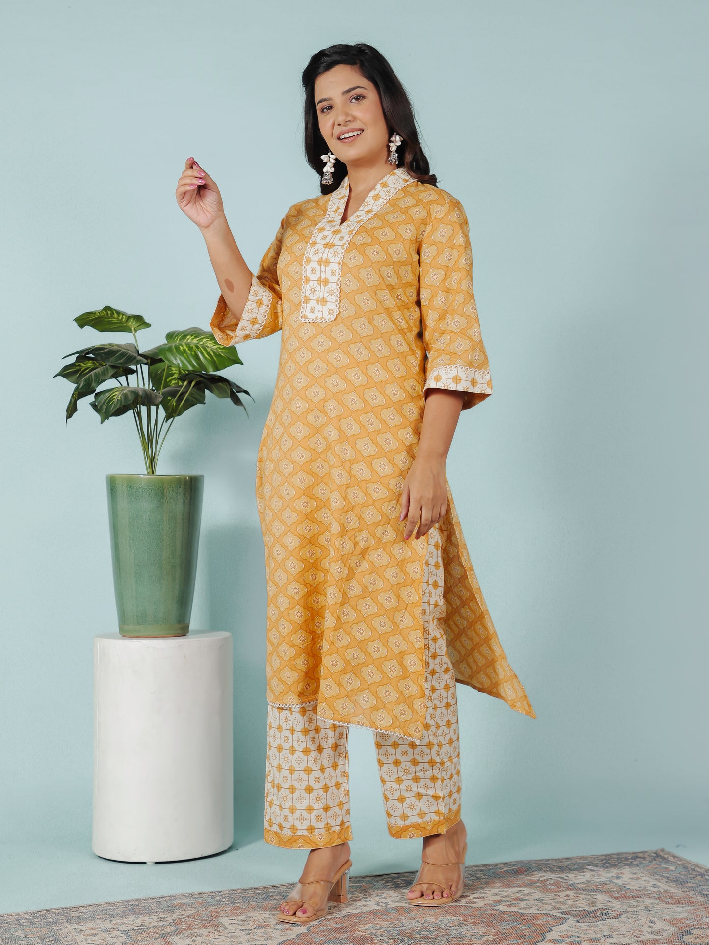 Embroidered Soft Cotton Geometric A-line Yellow Kurta