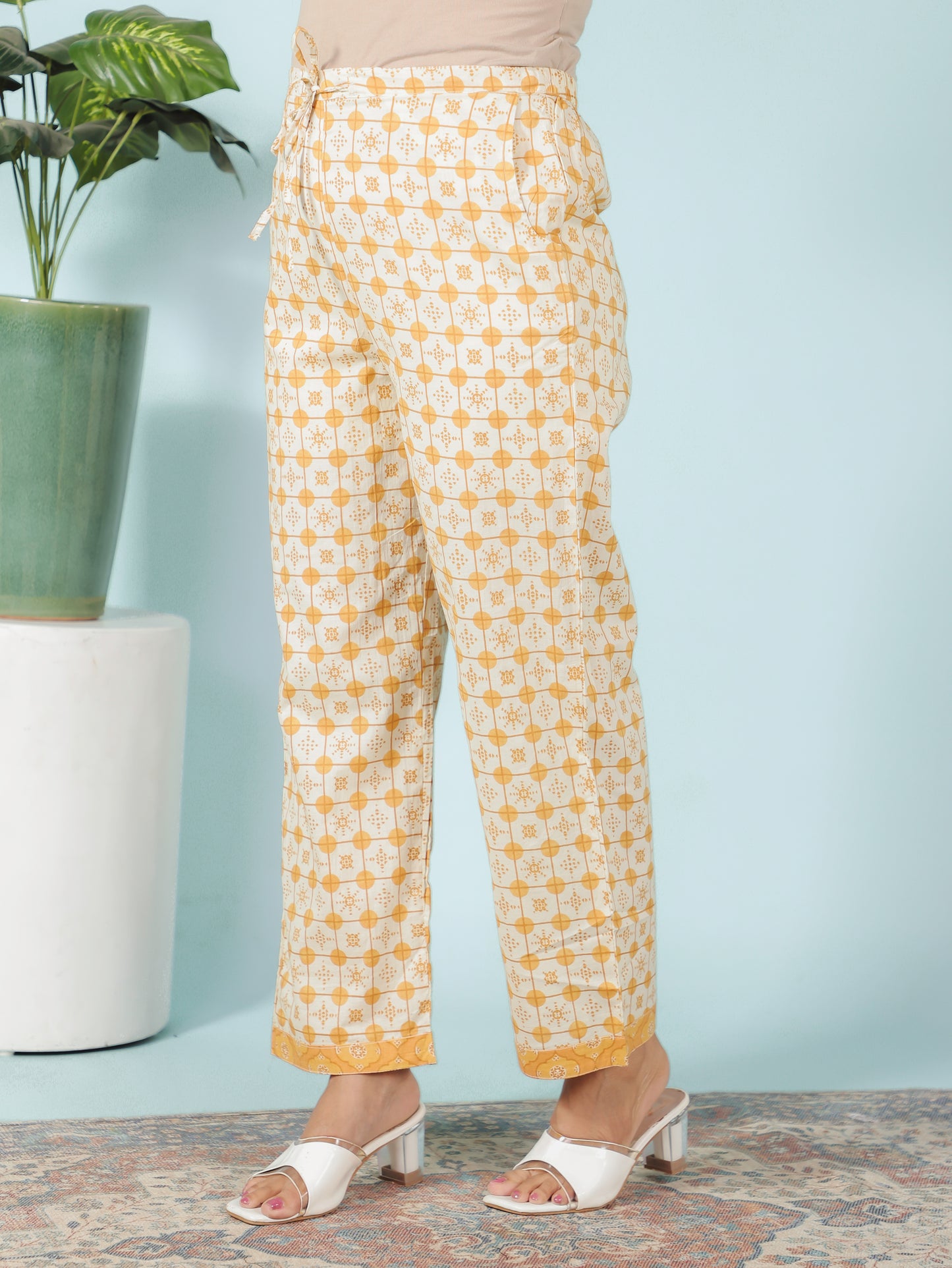 Embroidered Soft Cotton Geometric A-line Yellow Kurta
