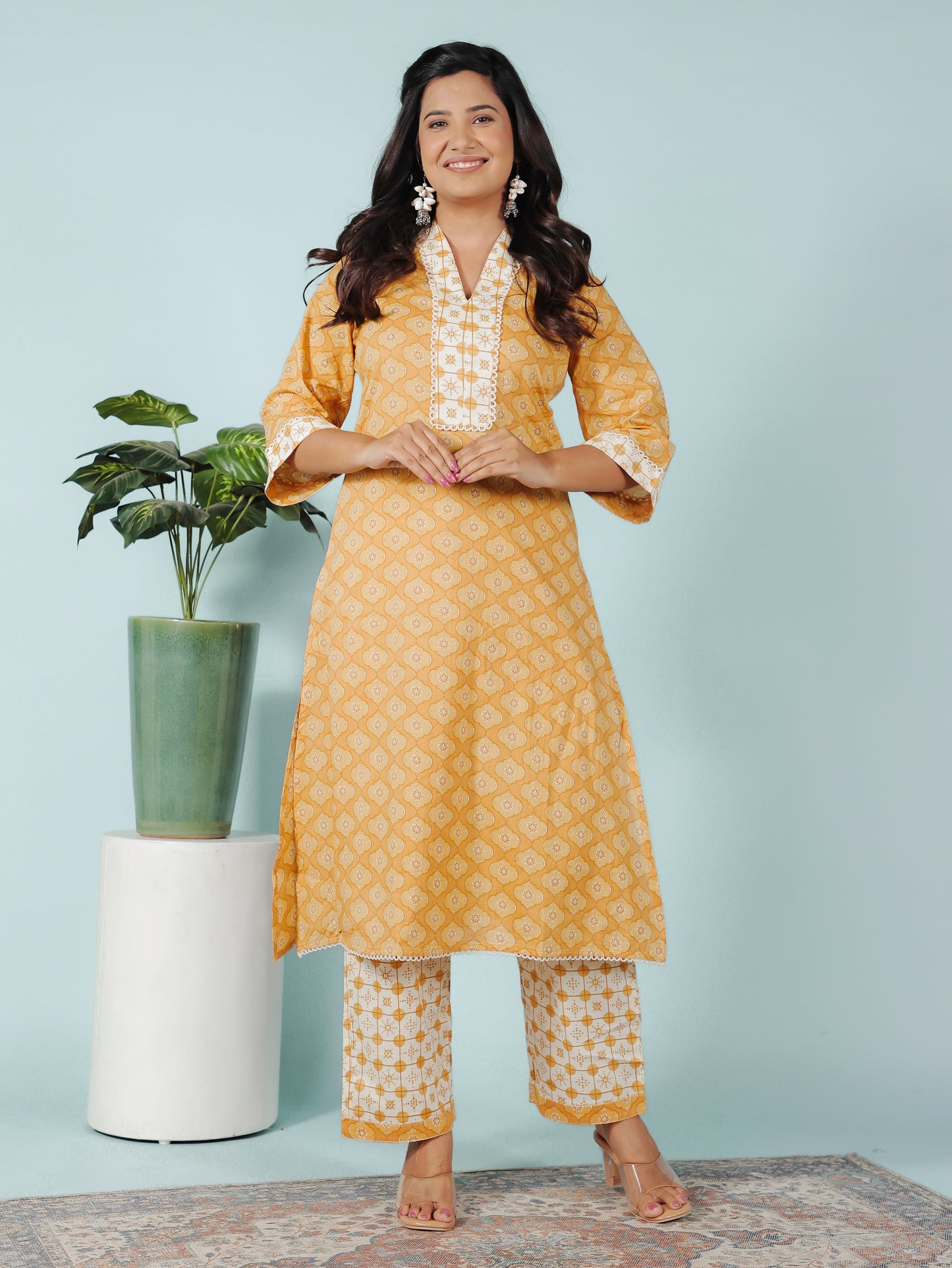 Embroidered Soft Cotton Geometric A-line Yellow Kurta