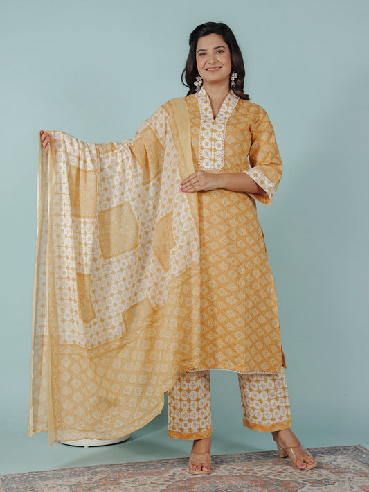 Embroidered Soft Cotton Geometric A-line Yellow Kurta