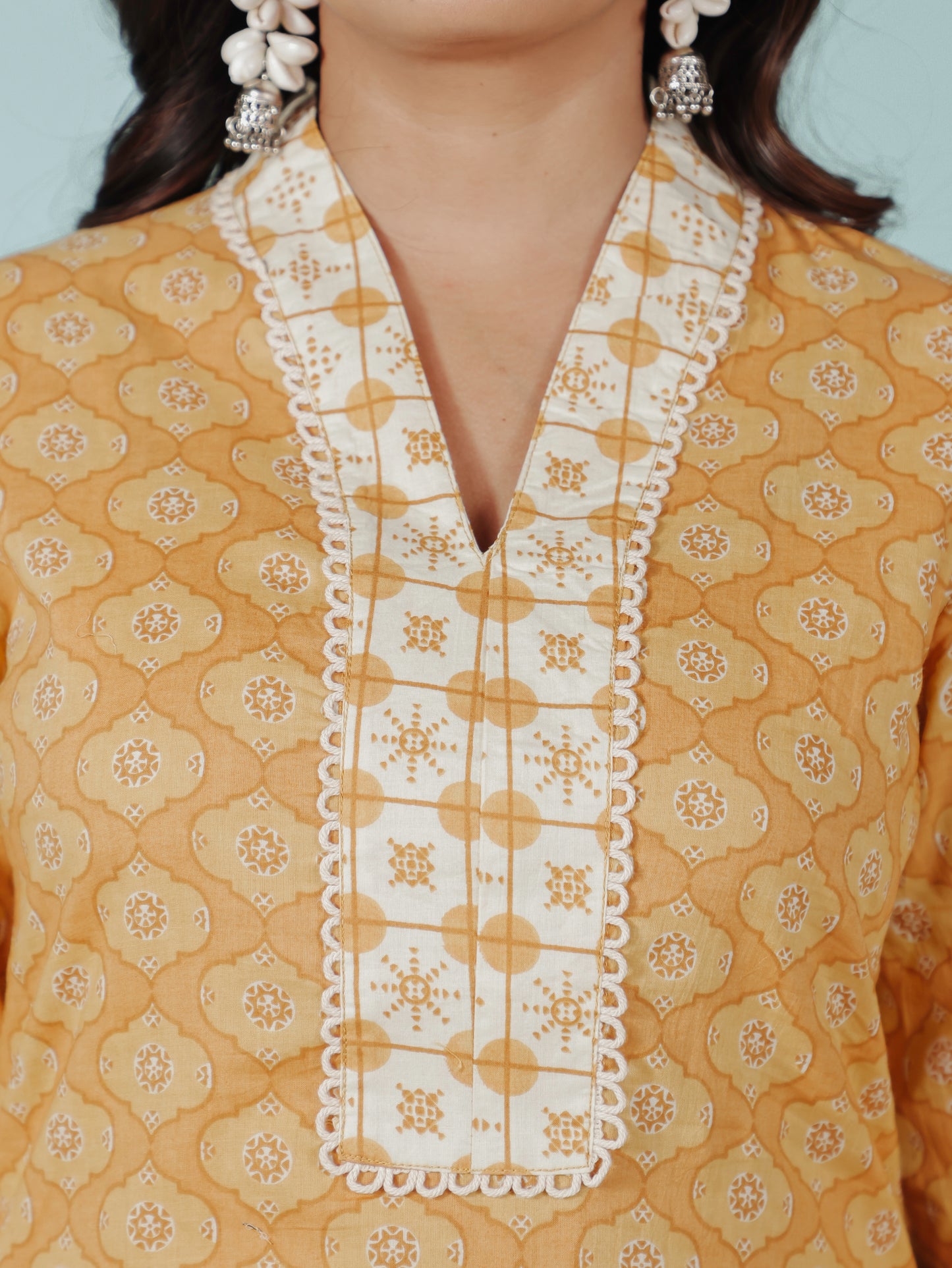 Embroidered Soft Cotton Geometric A-line Yellow Kurta