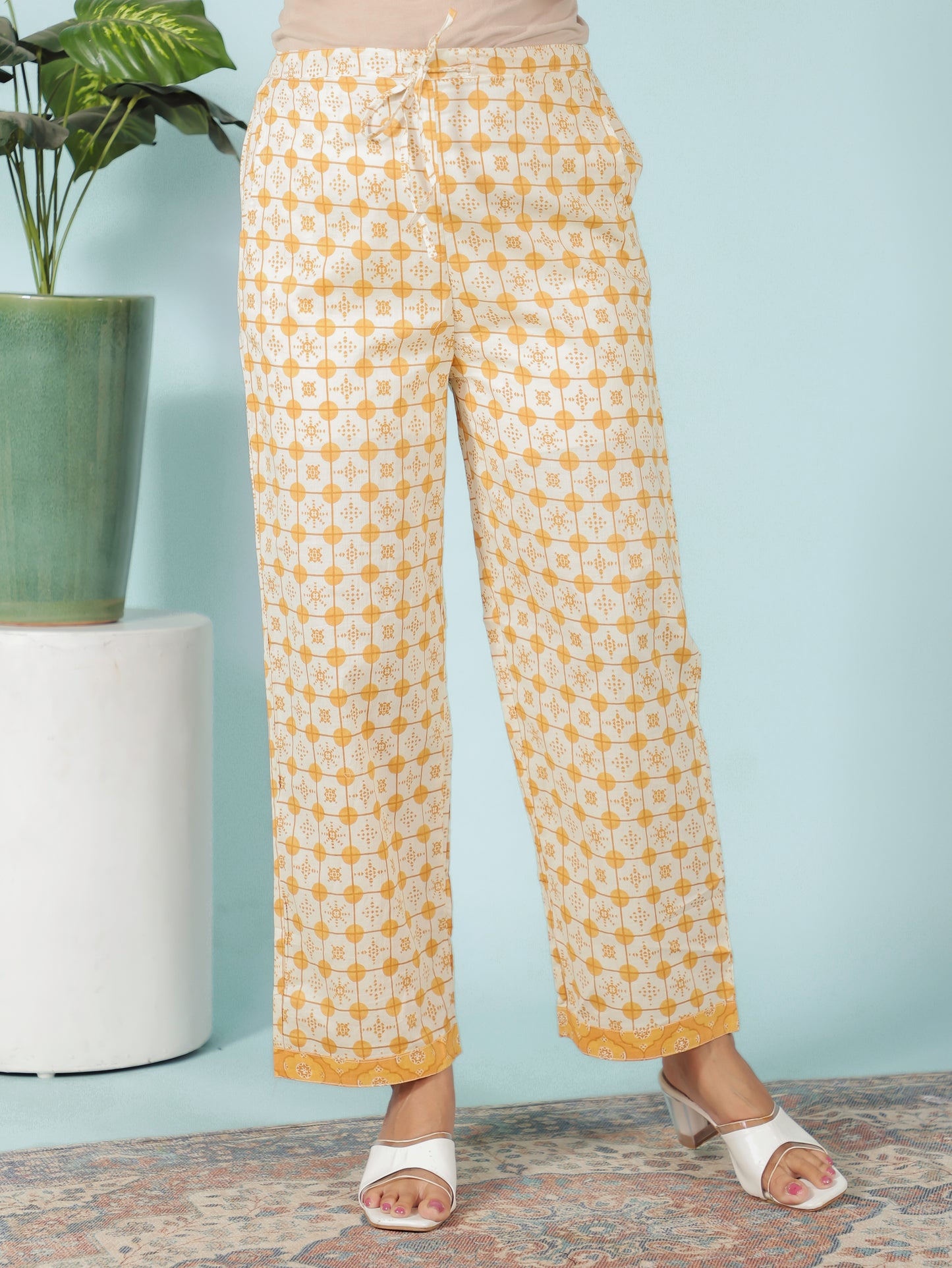 Embroidered Soft Cotton Geometric A-line Yellow Kurta