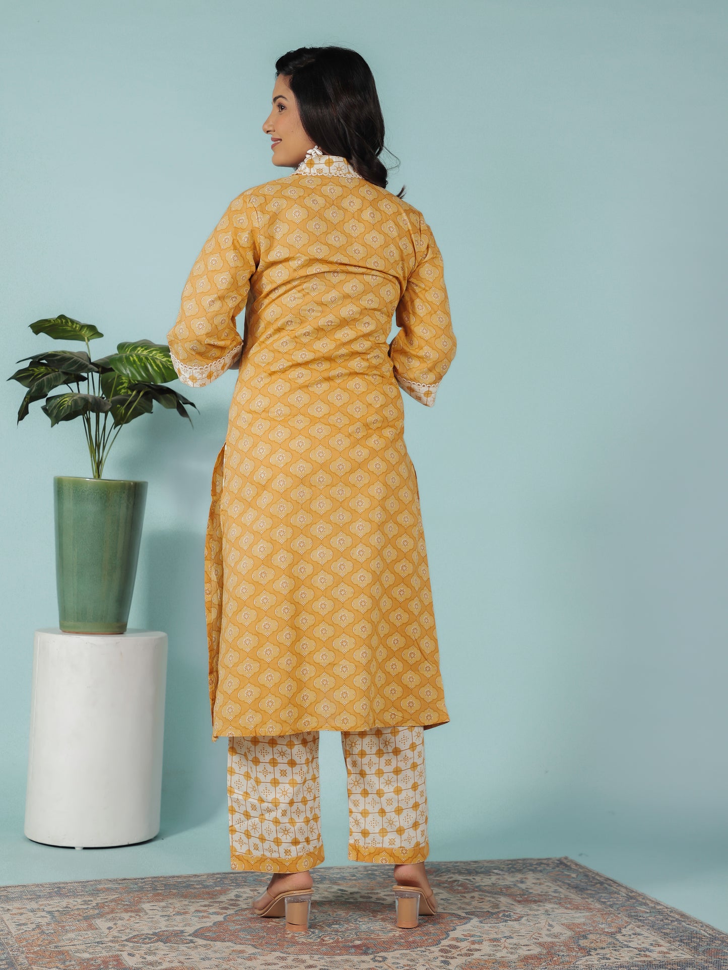 Embroidered Soft Cotton Geometric A-line Yellow Kurta