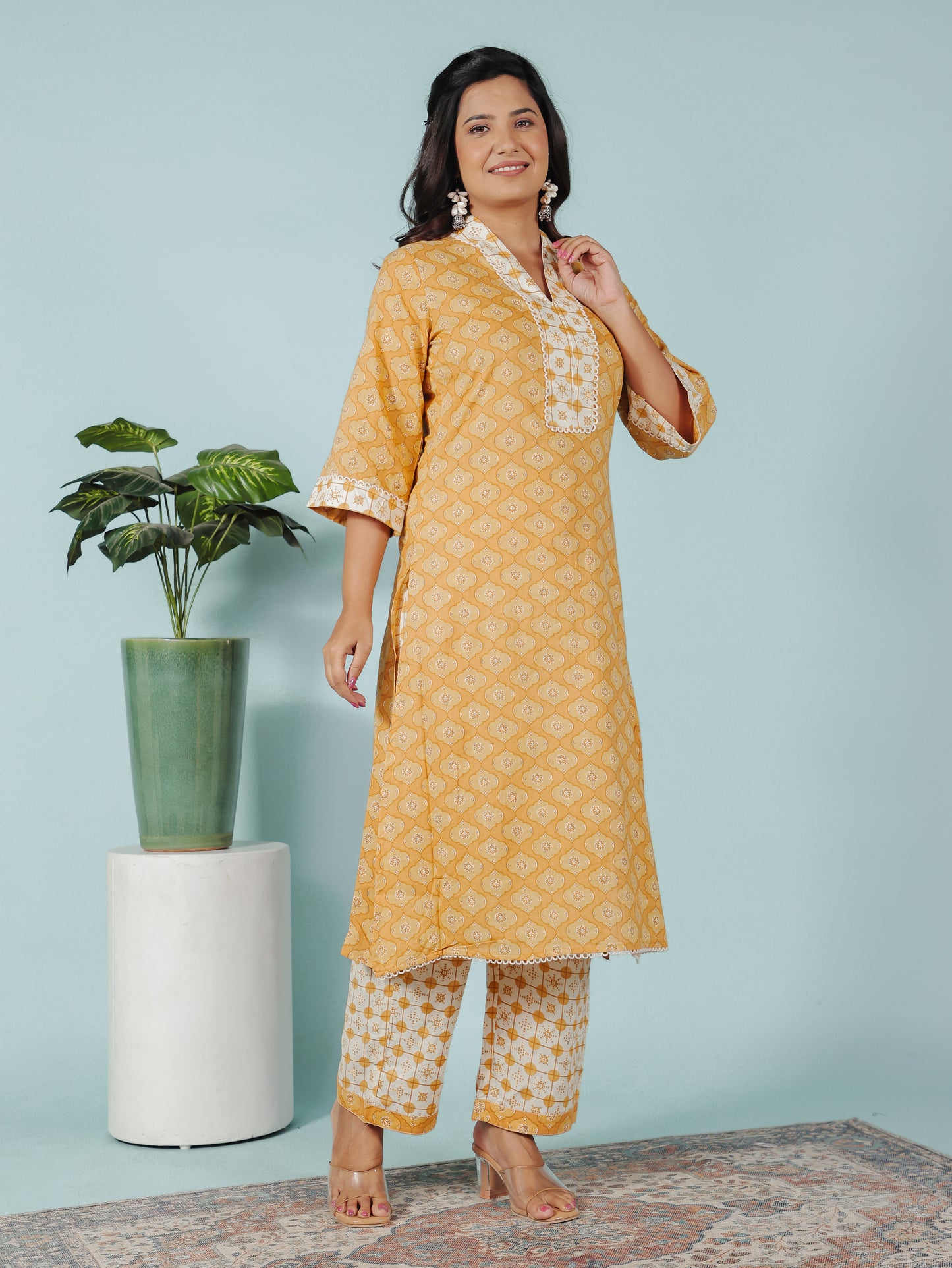 Embroidered Soft Cotton Geometric A-line Yellow Kurta