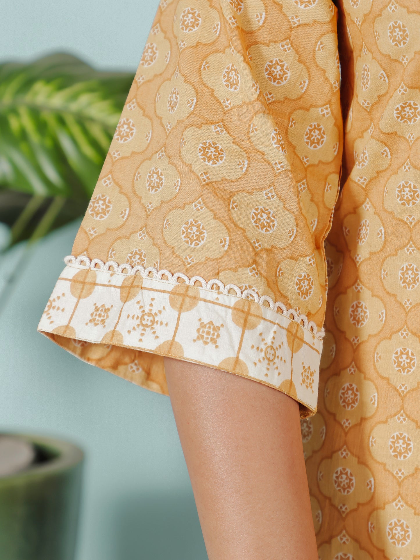 Embroidered Soft Cotton Geometric A-line Yellow Kurta