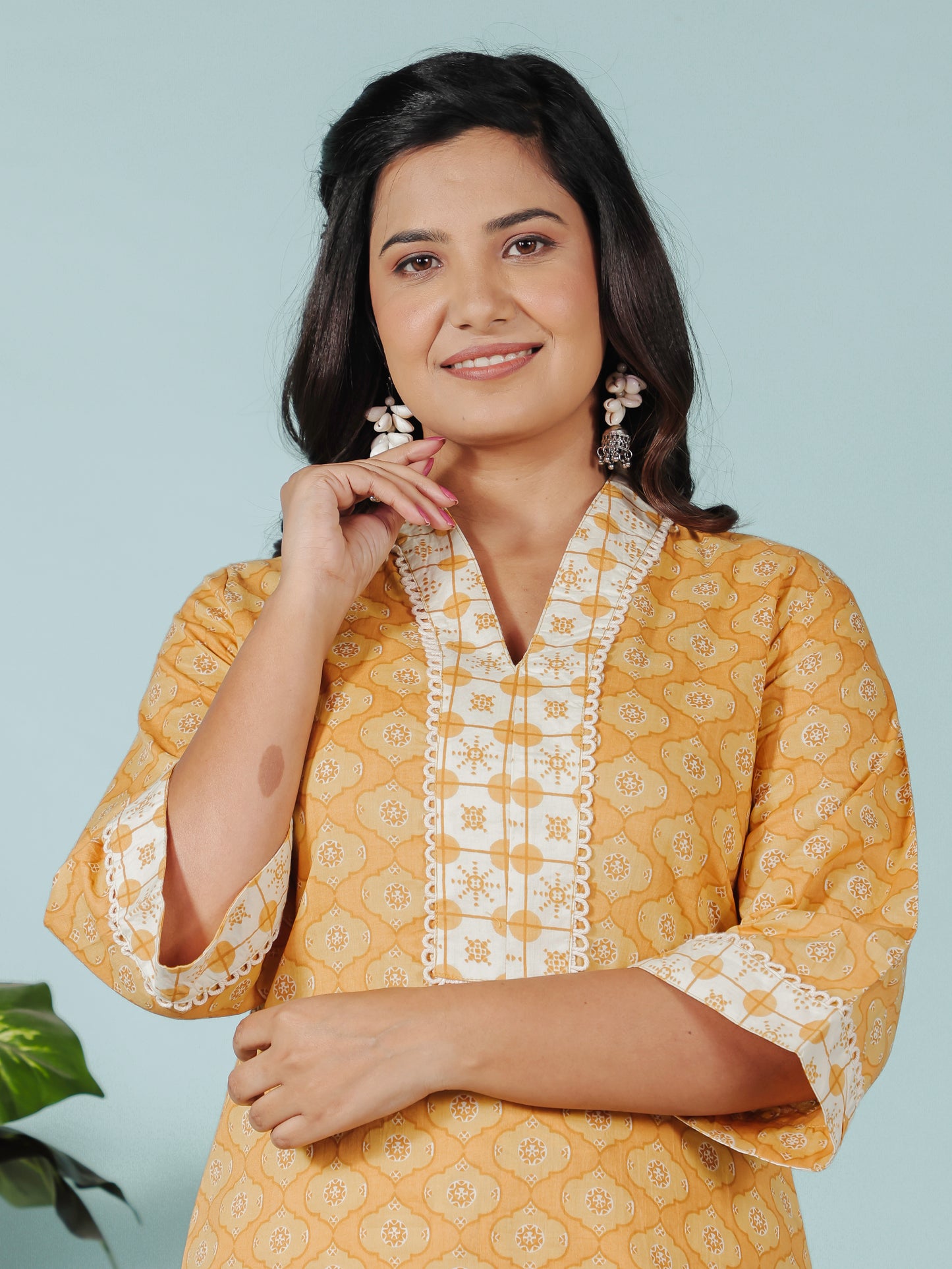 Embroidered Soft Cotton Geometric A-line Yellow Kurta