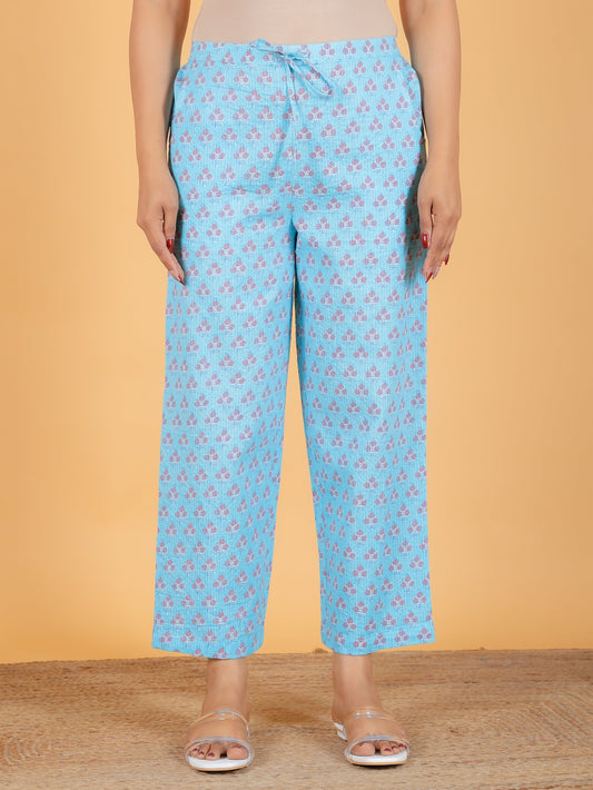 Kantha Cotton Floral Blue Straight Trousers