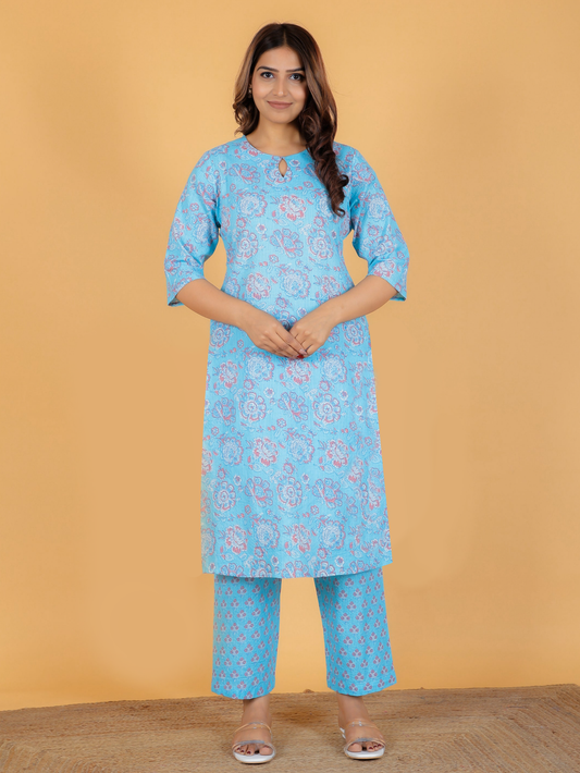Kantha Cotton Floral Straight Blue Kurta