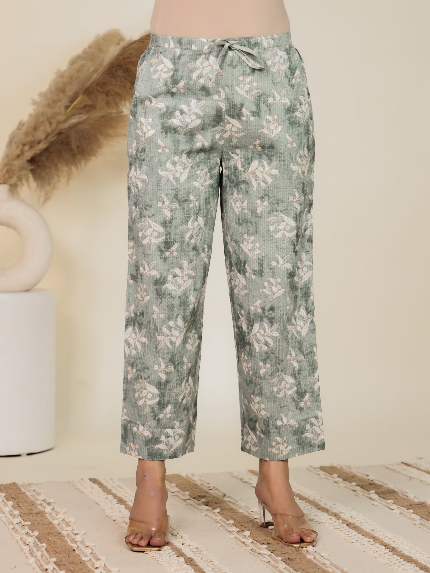 Kantha Cotton Floral Green Straight Trousers