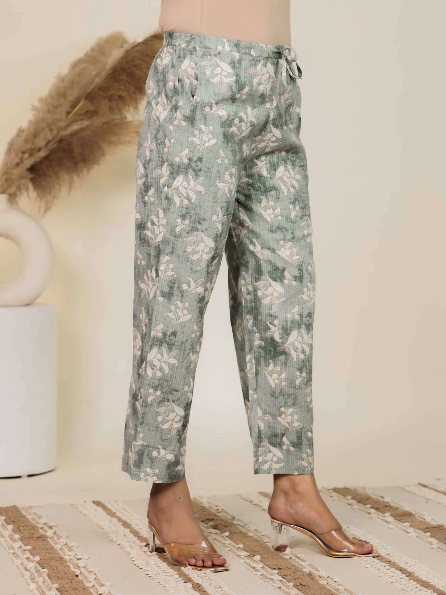 Kantha Cotton Floral Green Straight Trousers