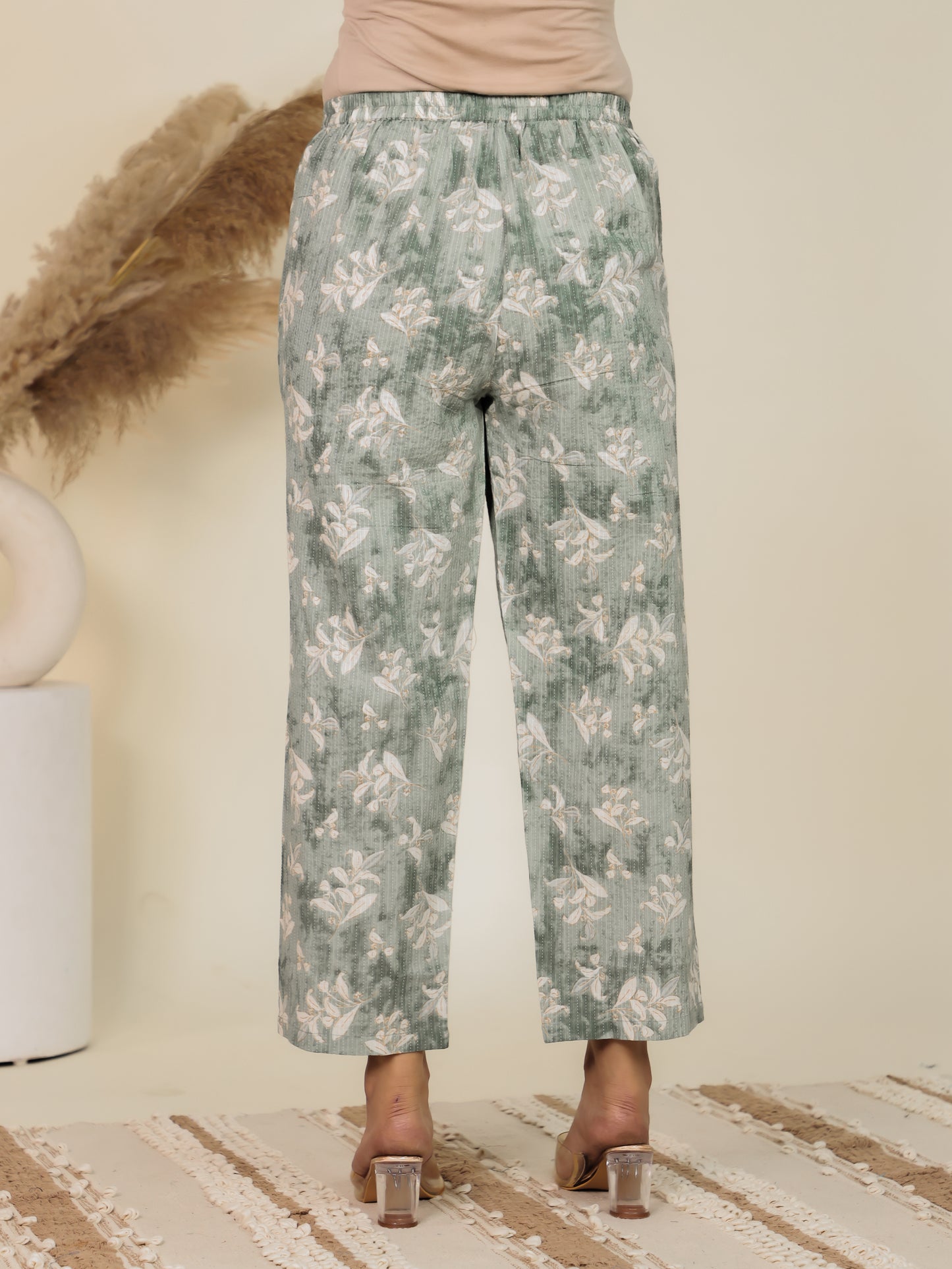 Kantha Cotton Floral Green Straight Trousers