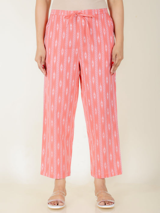 Kantha Cotton Striped Pink Straight Trousers