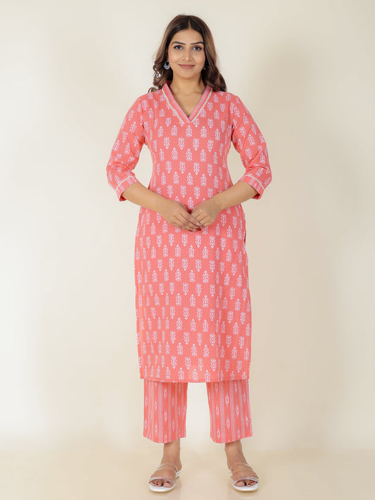 Kantha Cotton Ikat Straight Pink Kurta