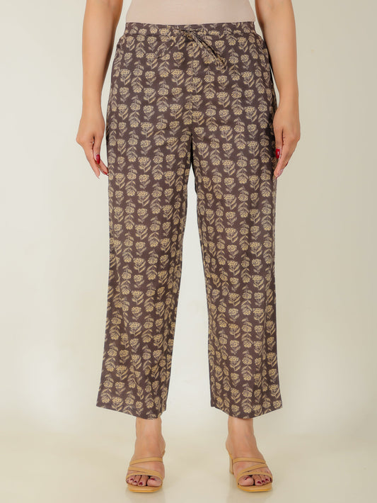 Soft Cotton Floral Brown Straight Trousers