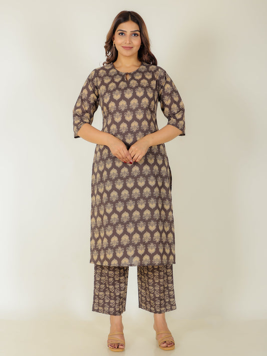 Soft Cotton Floral Straight Brown Kurta