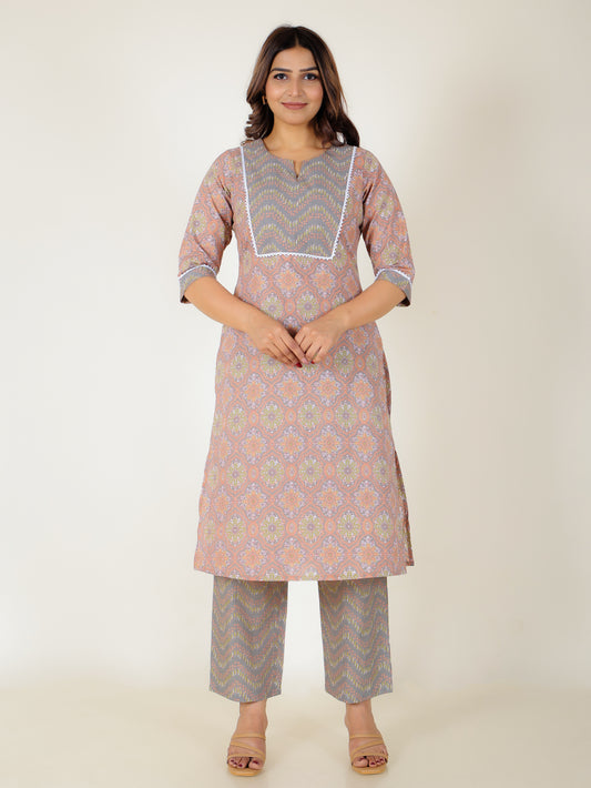 Soft Cotton Floral Straight Brown Kurta