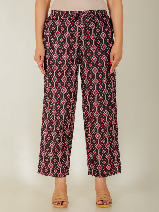 Soft Cotton Geometric Black Straight Trousers