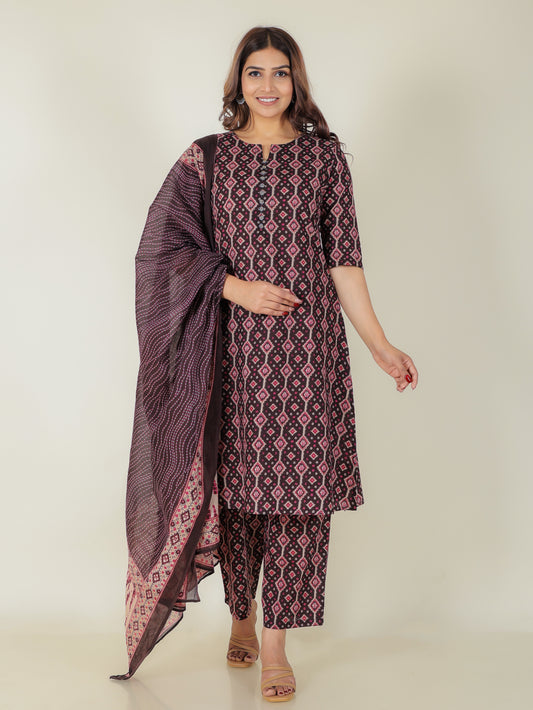 Soft Cotton Geometric A-line Black Kurta