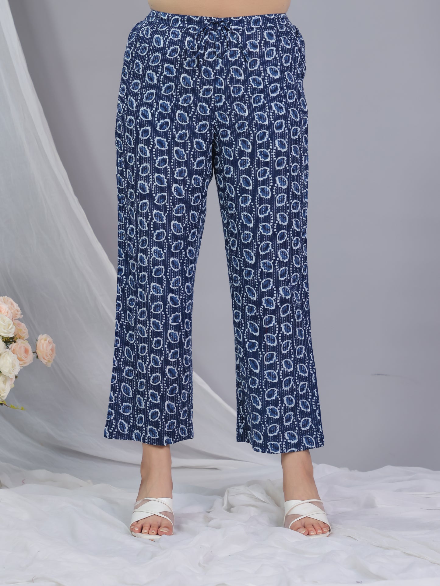 Kantha Cotton Floral Blue Straight Trousers