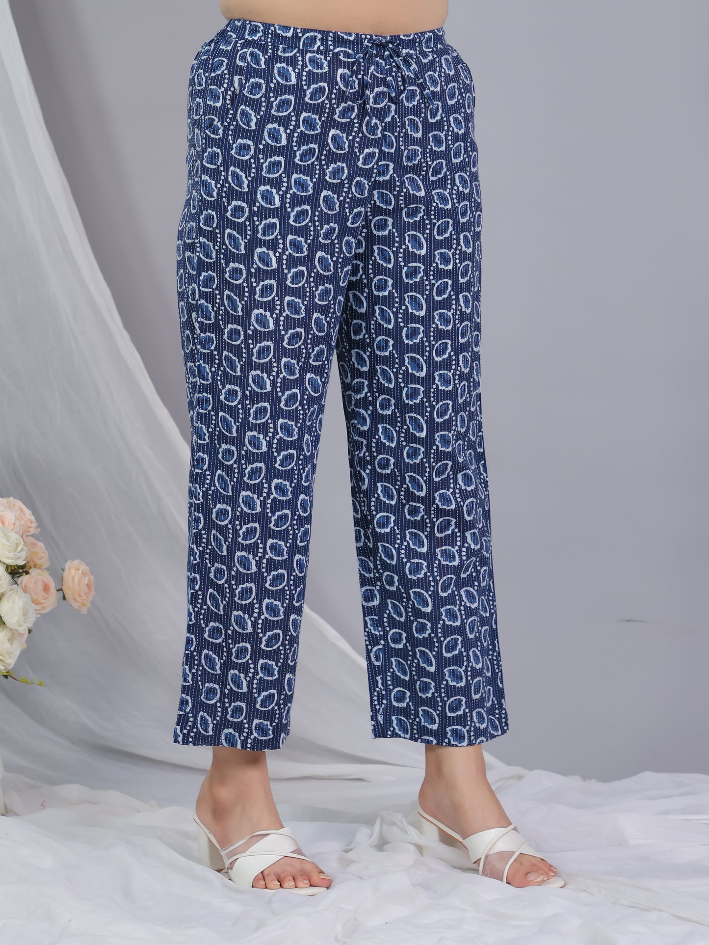 Kantha Cotton Floral Blue Straight Trousers