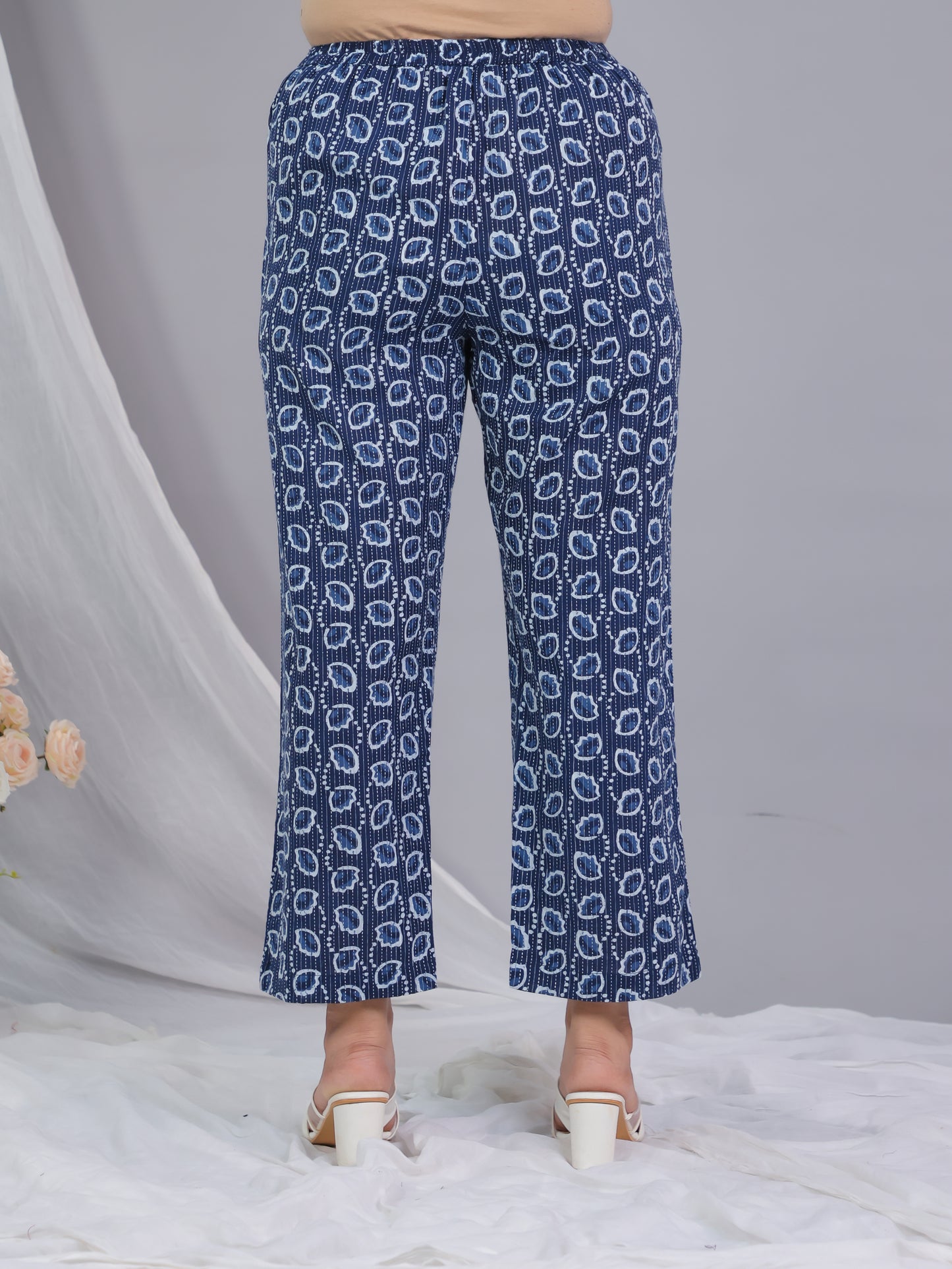 Kantha Cotton Floral Blue Straight Trousers