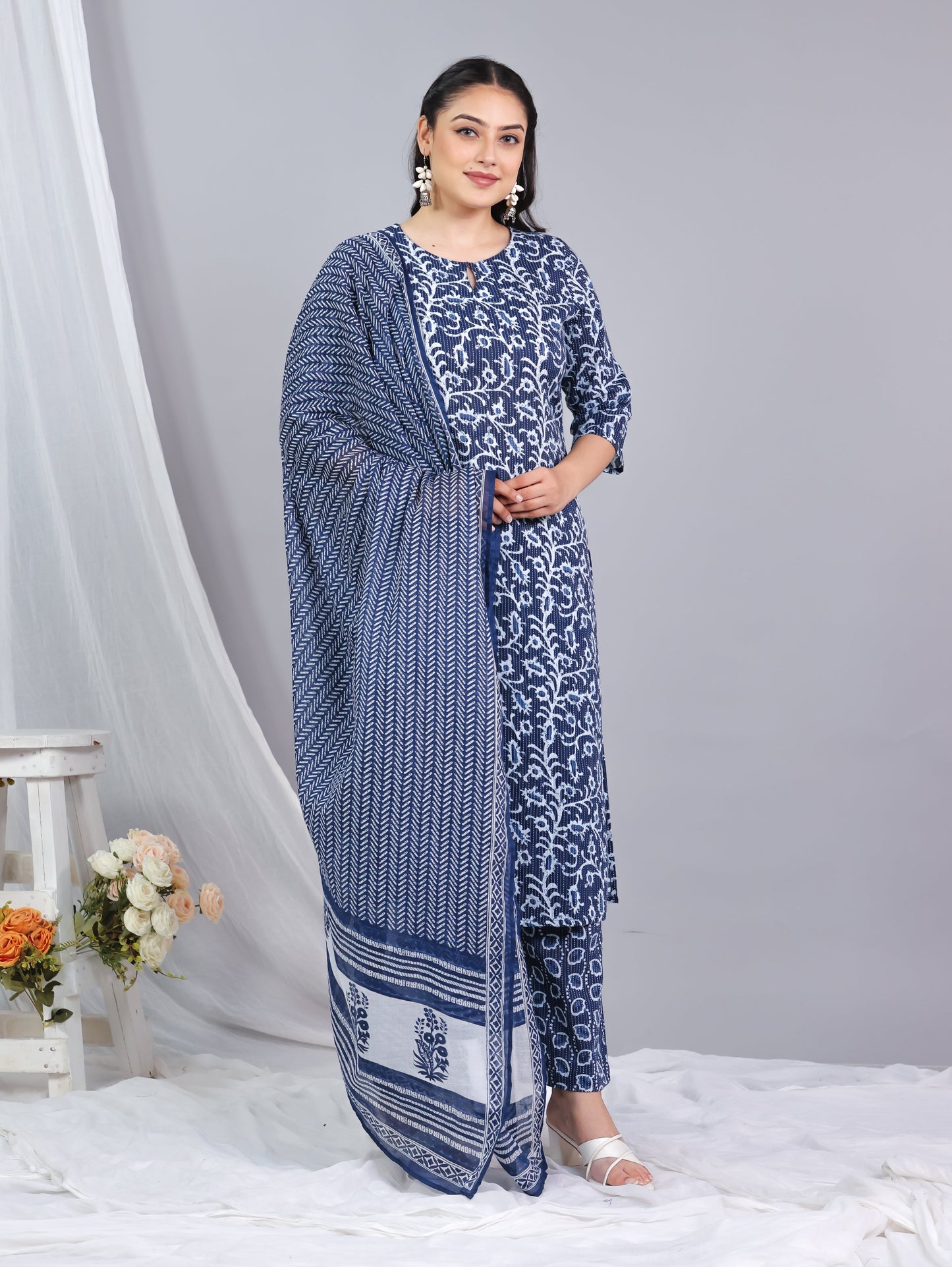 Cotton Voile Striped Indigo blue Dupatta