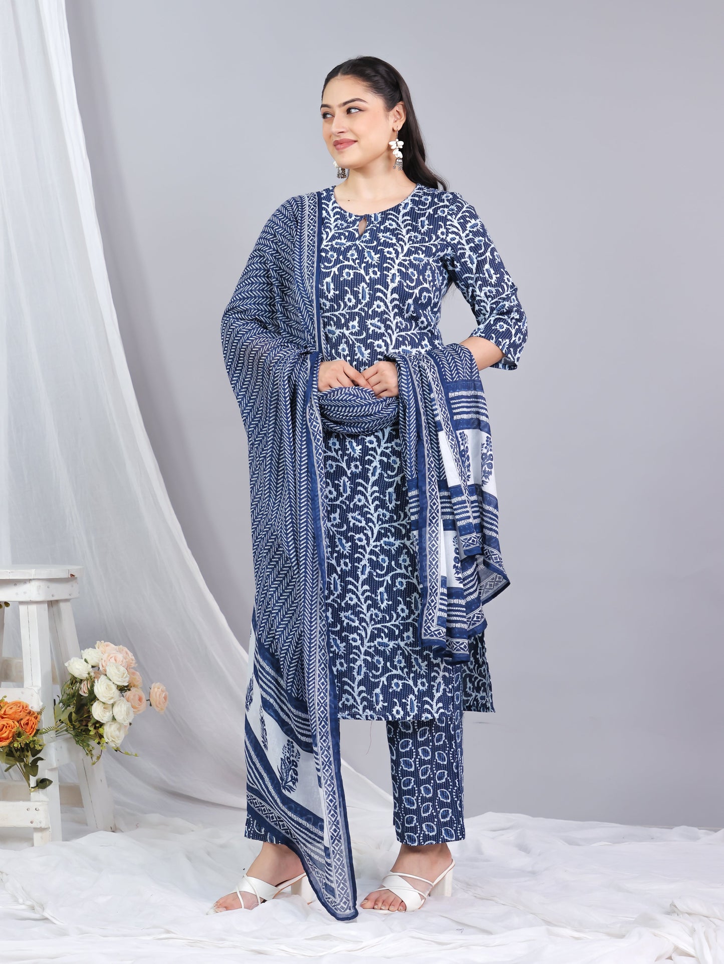 Cotton Voile Striped Indigo blue Dupatta