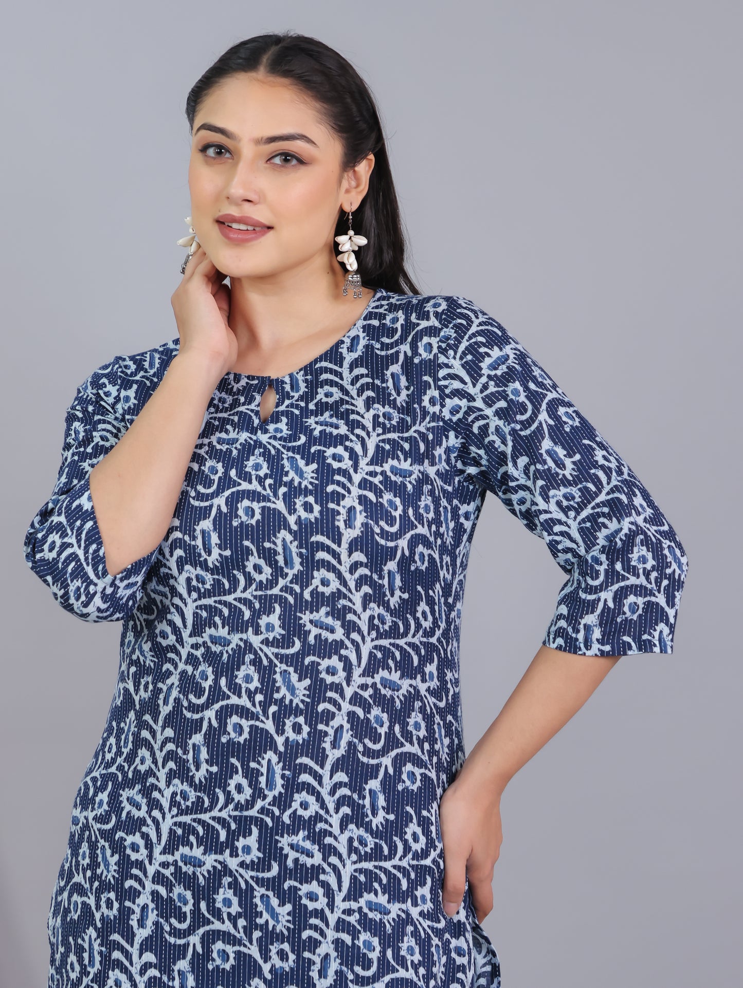 Kantha Cotton Floral Straight Blue Kurta