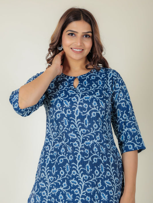 Kantha Cotton Floral Straight Blue Kurta