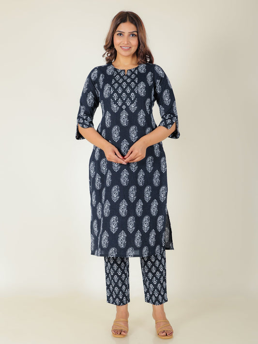 Kantha Cotton Paisley Straight Black Kurta