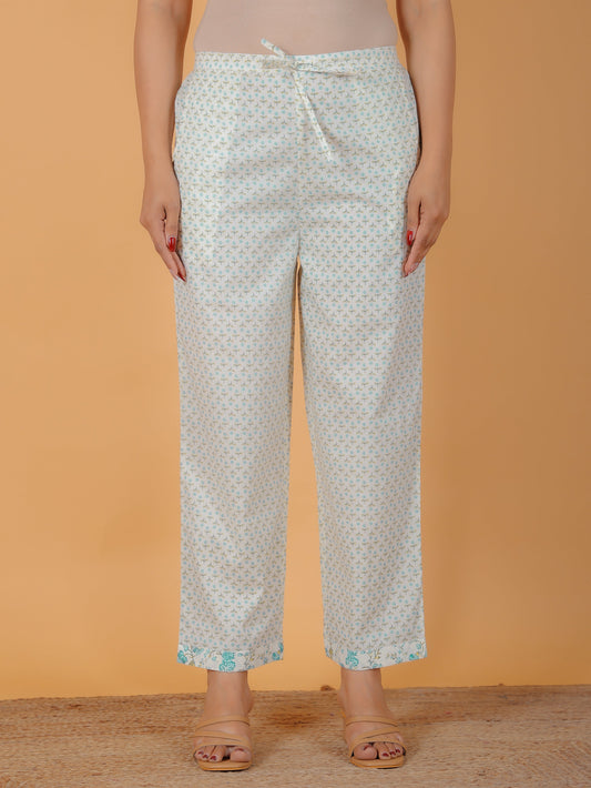 Soft Cotton Butti White Straight Trousers