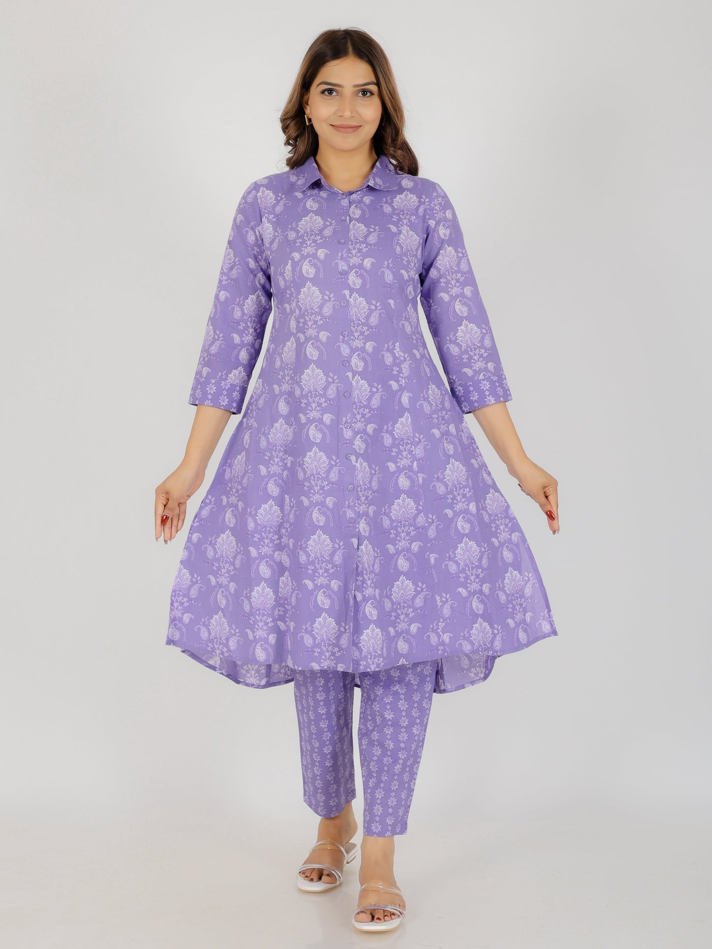 Soft Cotton Floral High Low Purple Kurta