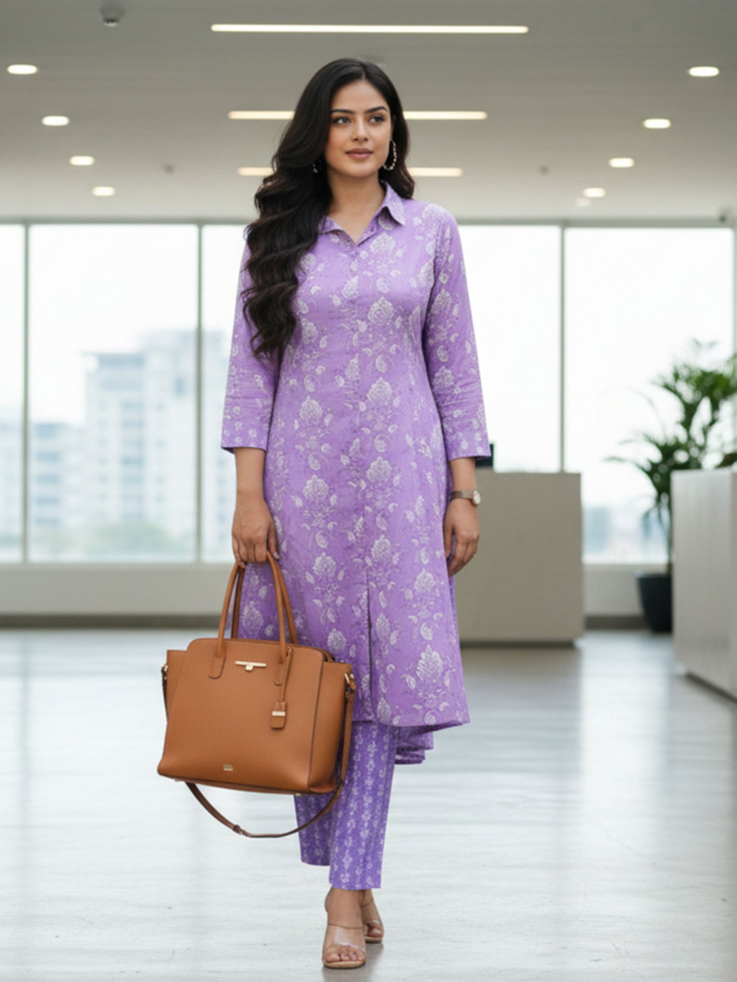 Soft Cotton Floral High Low Purple Kurta