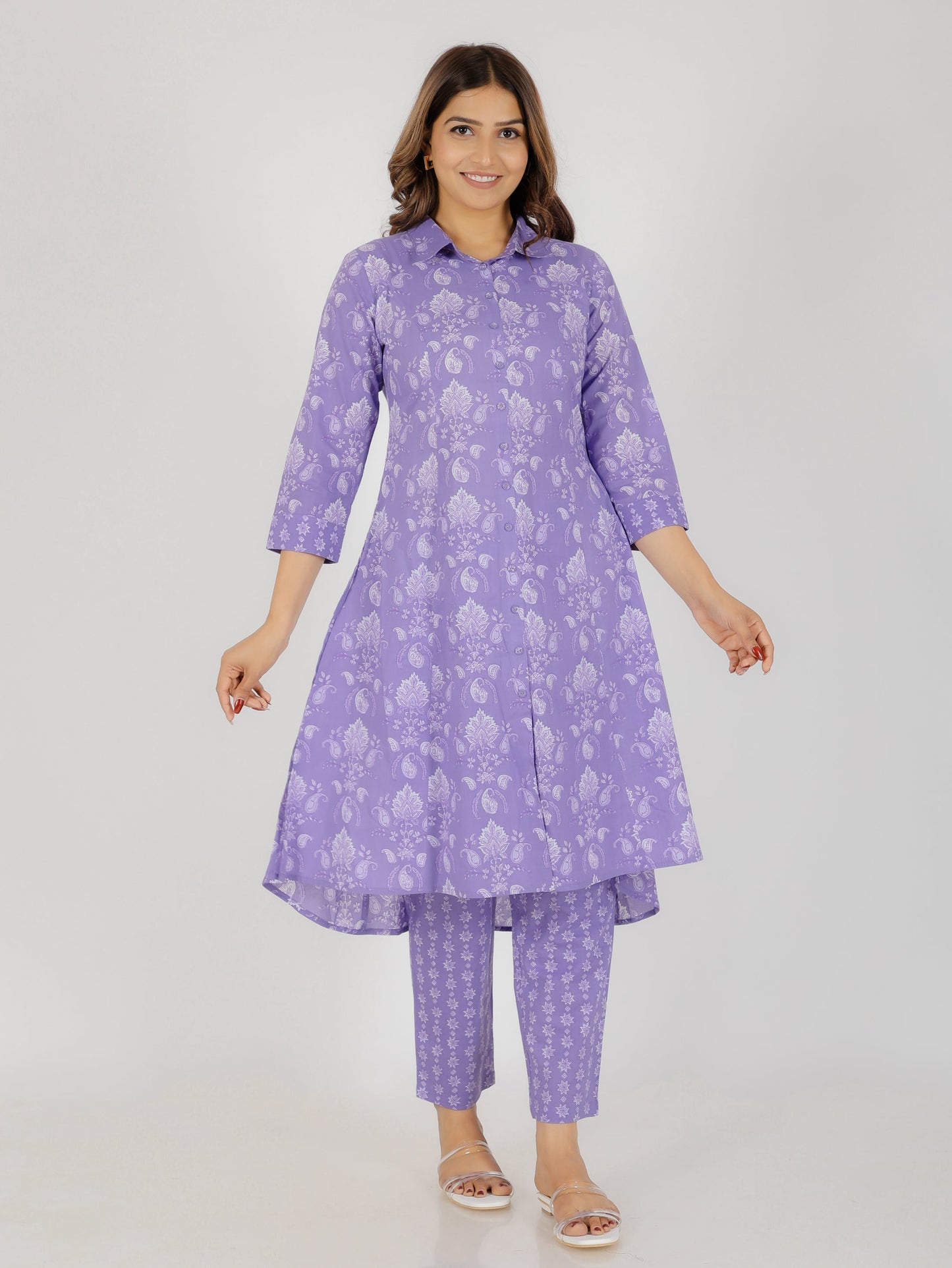 Soft Cotton Floral High Low Purple Kurta