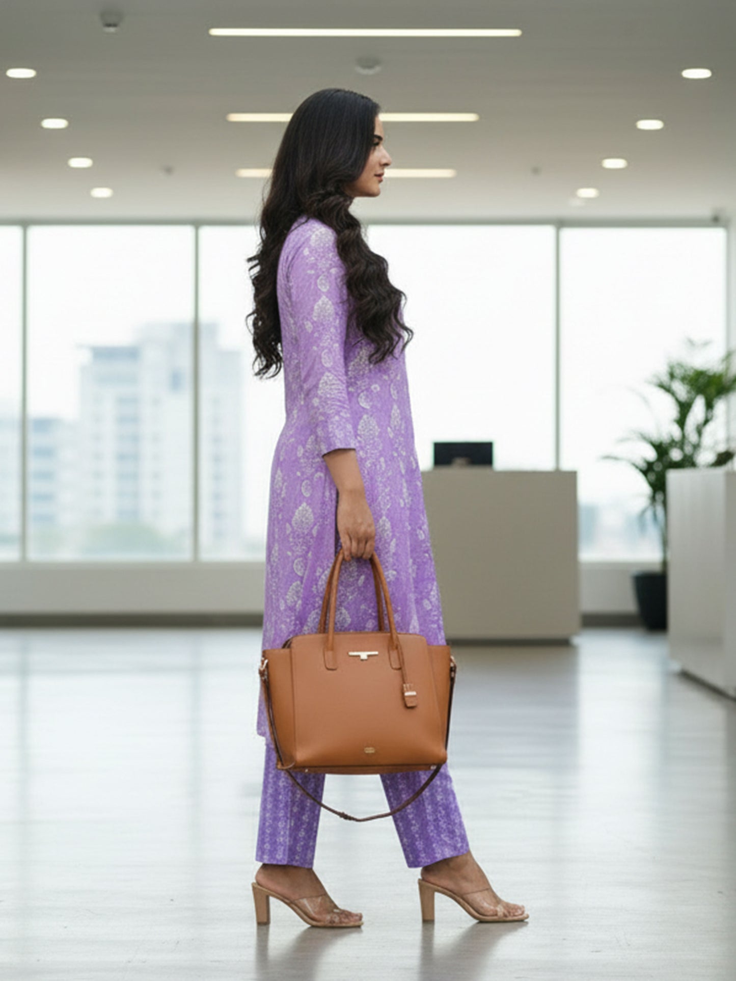 Soft Cotton Floral High Low Purple Kurta