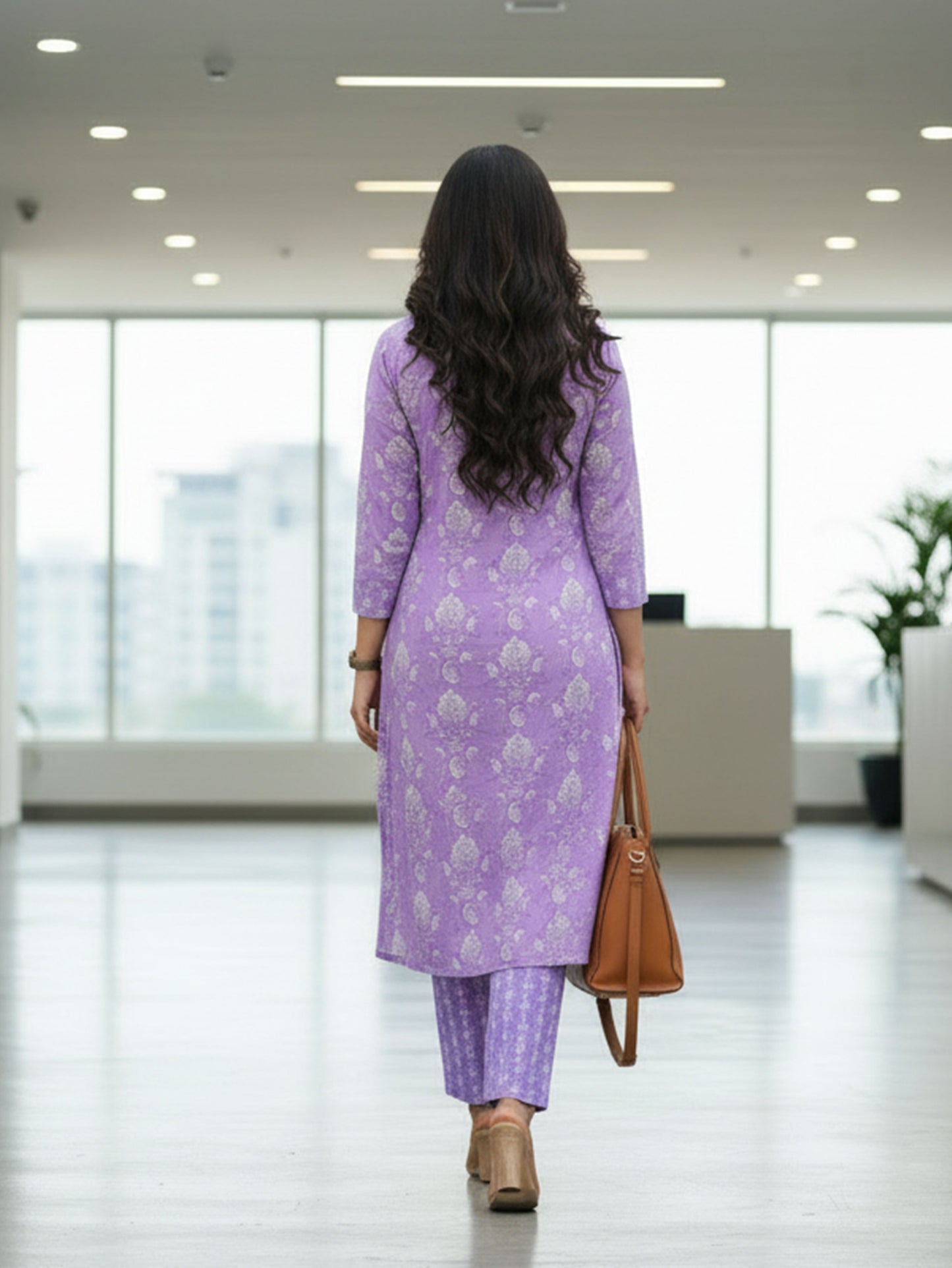 Soft Cotton Floral High Low Purple Kurta