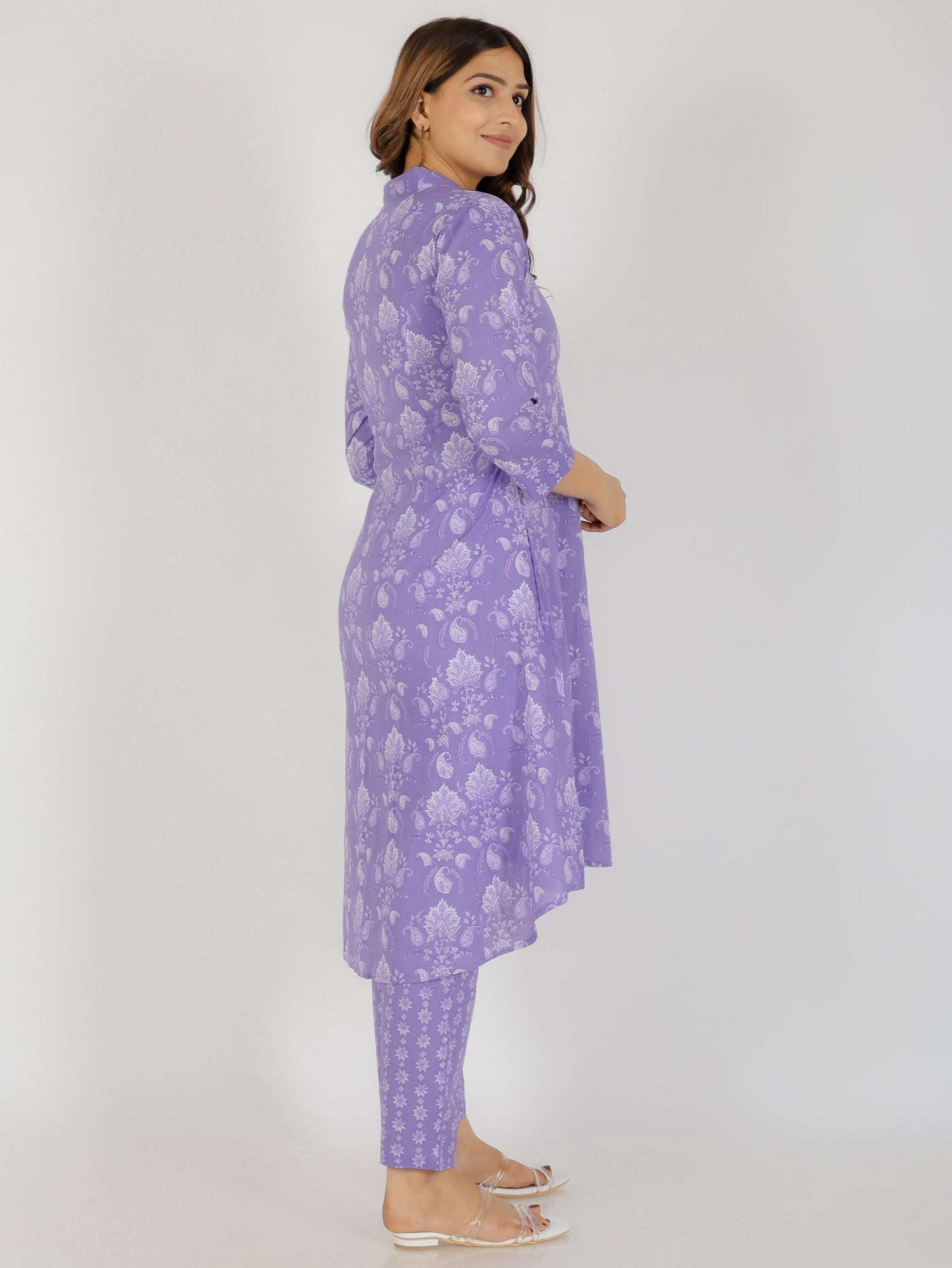 Soft Cotton Floral High Low Purple Kurta
