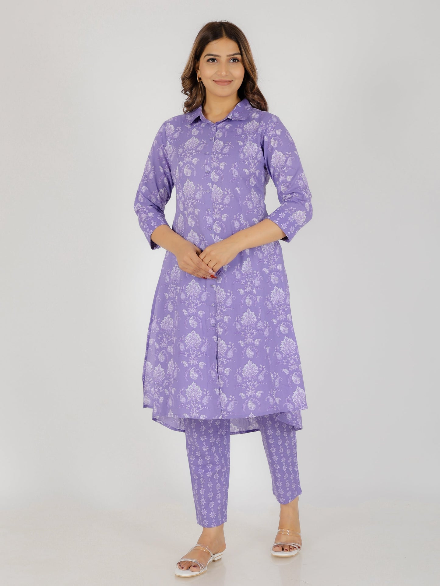 Soft Cotton Floral High Low Purple Kurta