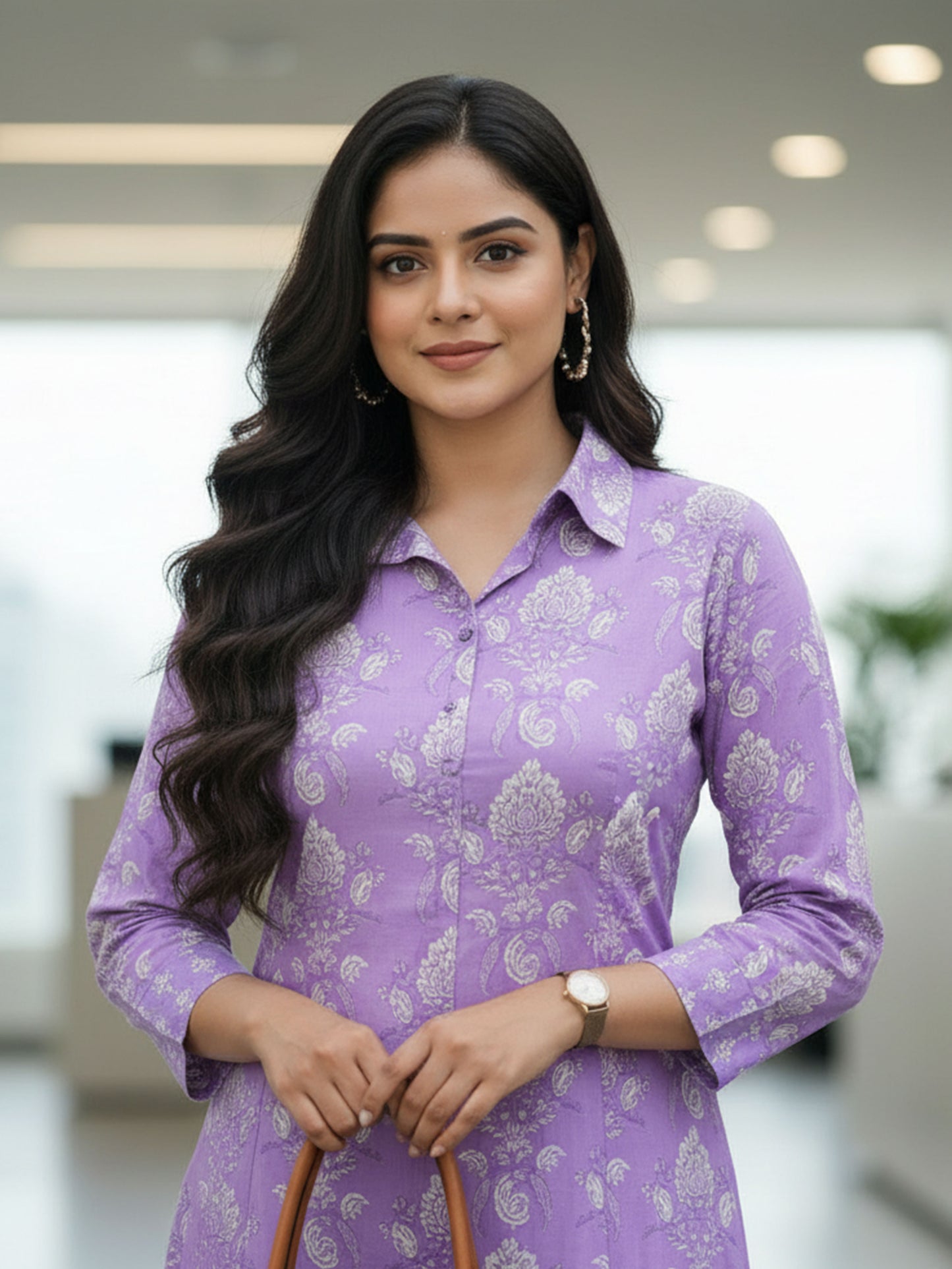 Soft Cotton Floral High Low Purple Kurta