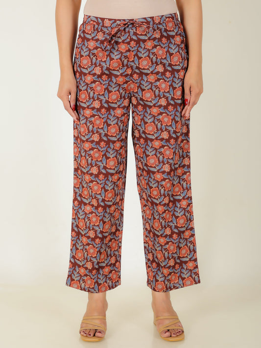 Soft Cotton Floral Maroon Straight Trousers