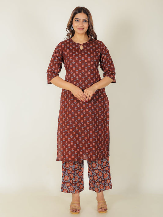 Soft Cotton Floral Straight Maroon Kurta