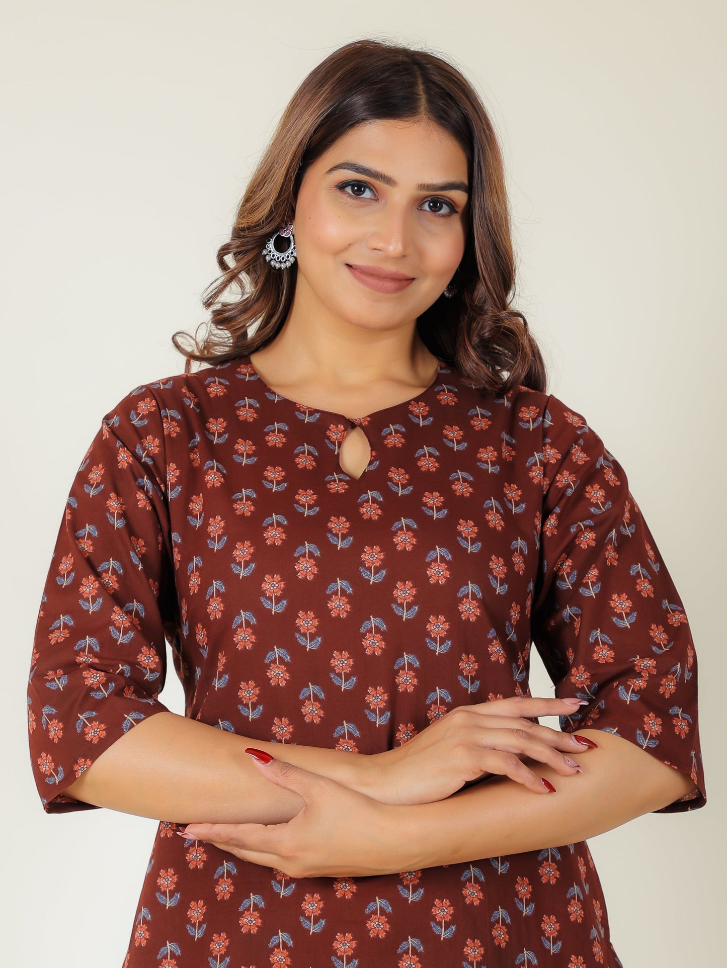 Soft Cotton Floral Straight Maroon Kurta