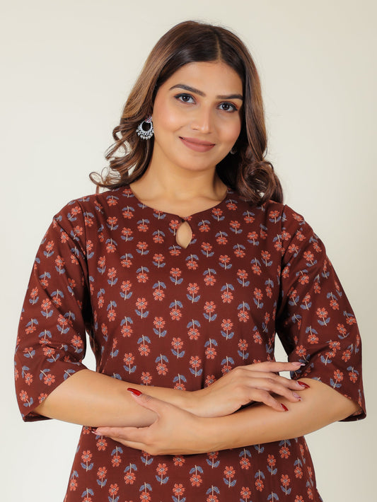 Soft Cotton Floral Straight Maroon Kurta