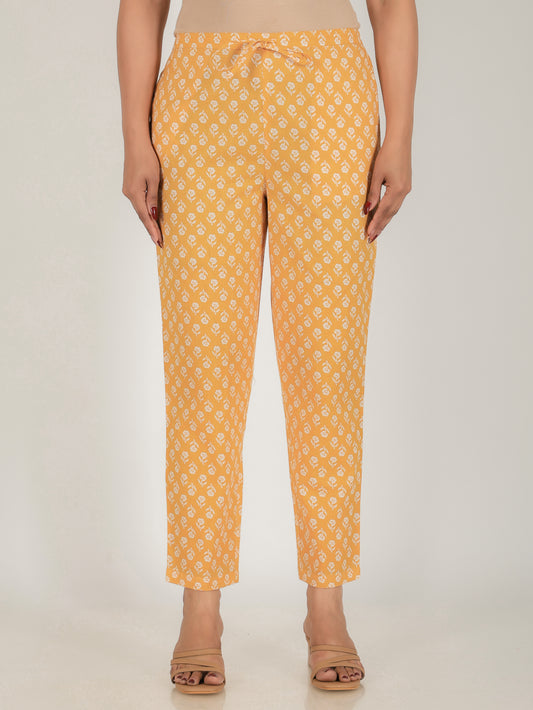 Soft Cotton Floral Yellow Tapered Trousers