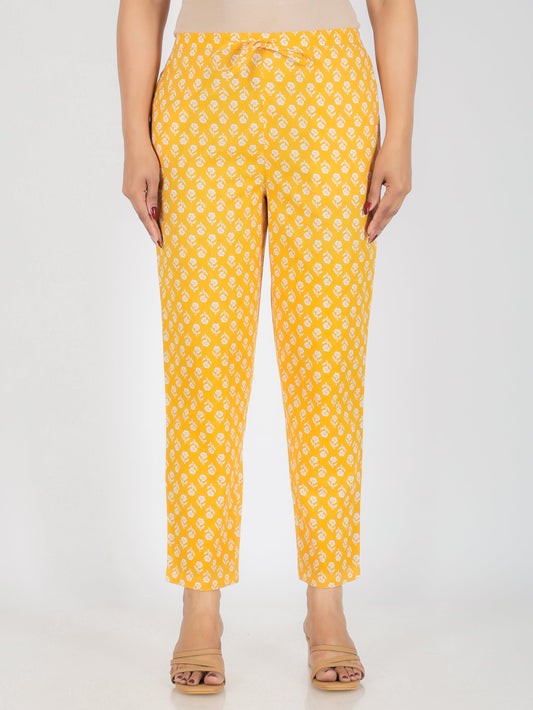 Soft Cotton Floral Yellow Tapered Trousers